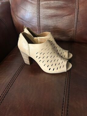 Clark Peep-Toe Block Heel Booties in Beige